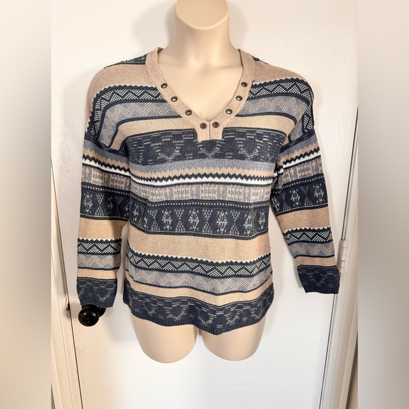 R.L. CHAPS Pullover Sweater L Multicolor VNeck Fair Isles Tribal Aztec #1693 - Picture 1 of 9